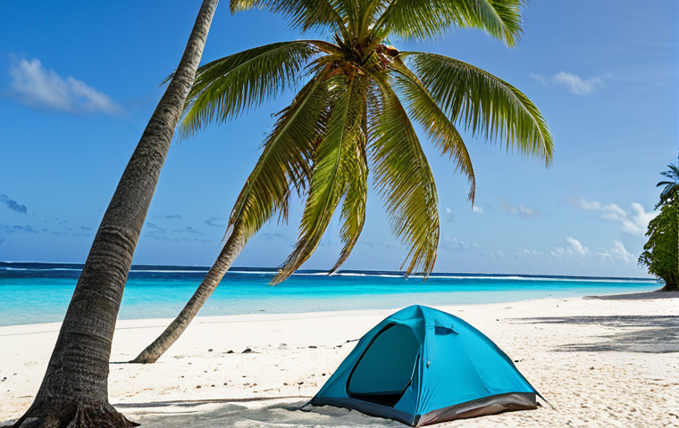 "A pristine, white-sand beach in the Marshall Islands, turquoise water lapping gently at the shore, a lone coconut palm tree providing shade, a tent pitched nearby, camping gear neatly arranged, sunny, peaceful atmosphere, travel photography."